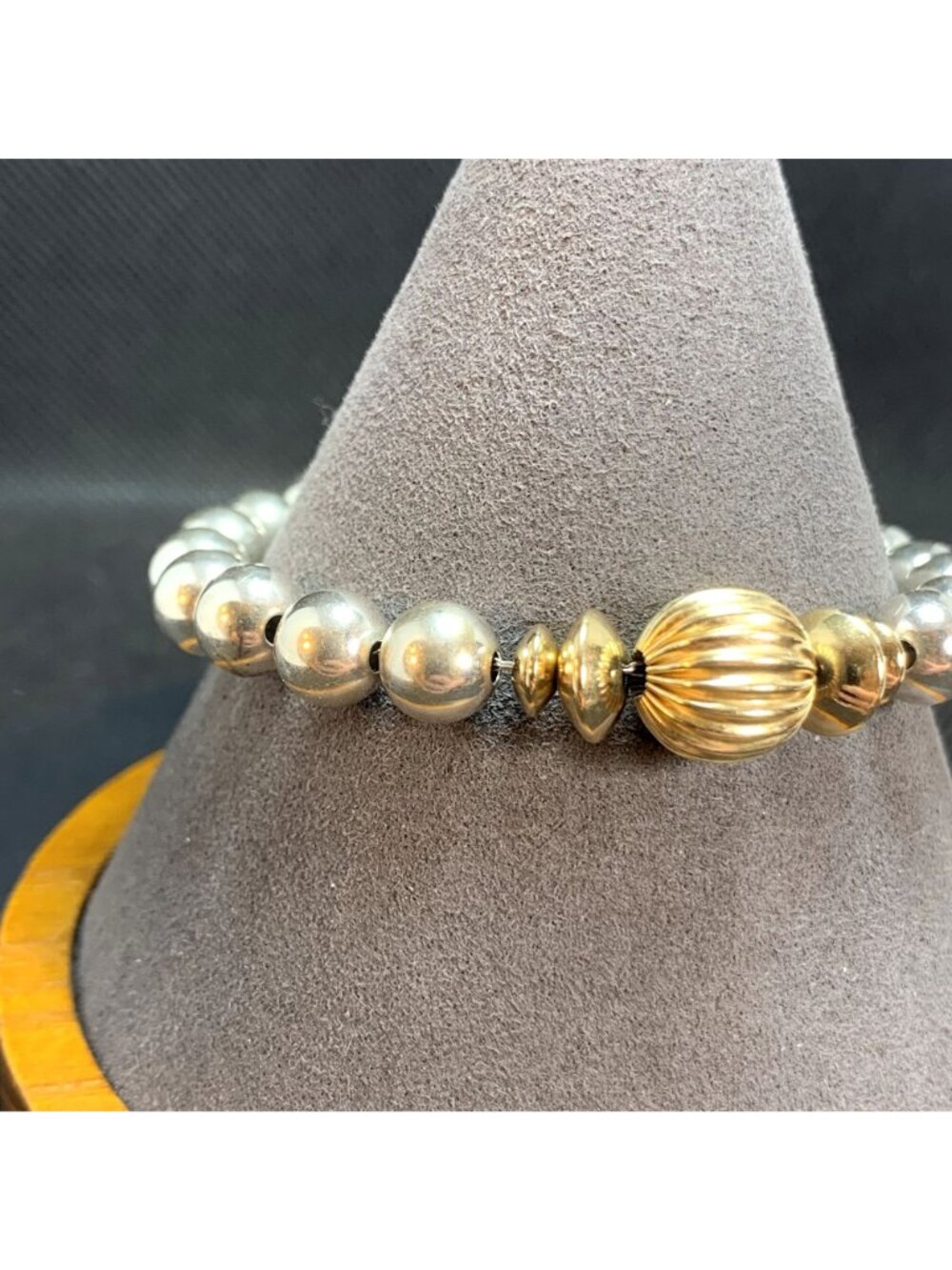 Beaded Bracelet Two Tone Solid Sterling Silver 925 Size 7'' Length - Picture 4 of 11